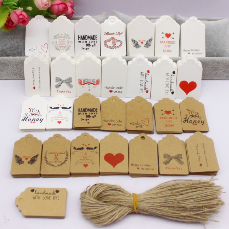 Kraft Hang Tag - 100шт+100нитка 3х5см белая/крафт-бумага. Спасибо за ручное